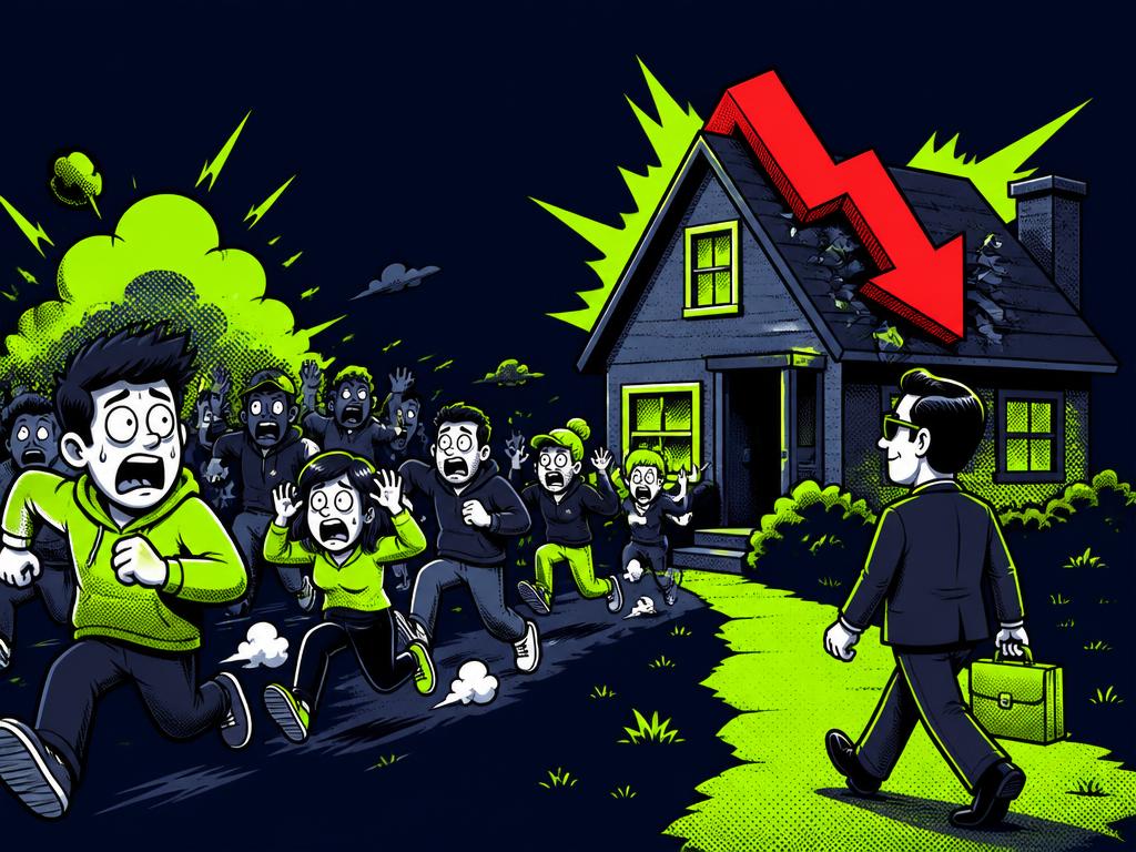 Cartoon crowd fleeing a house while one calm investor walks toward it