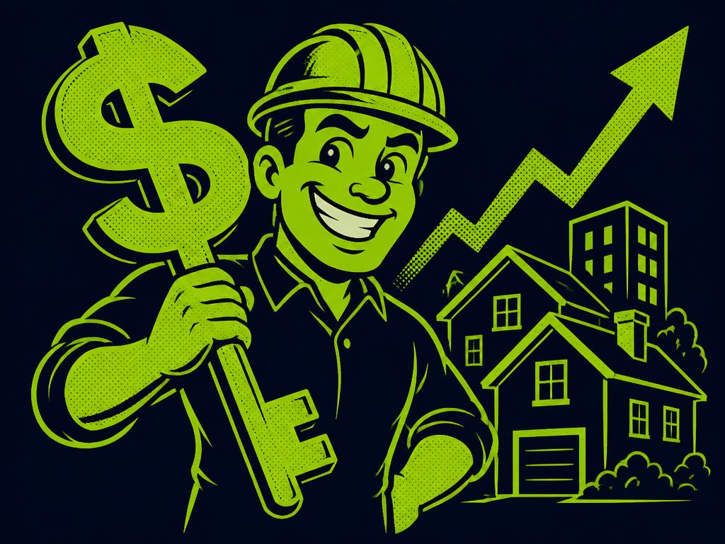 Cartoon real estate investor holding a dollar-sign key in front of rising rents